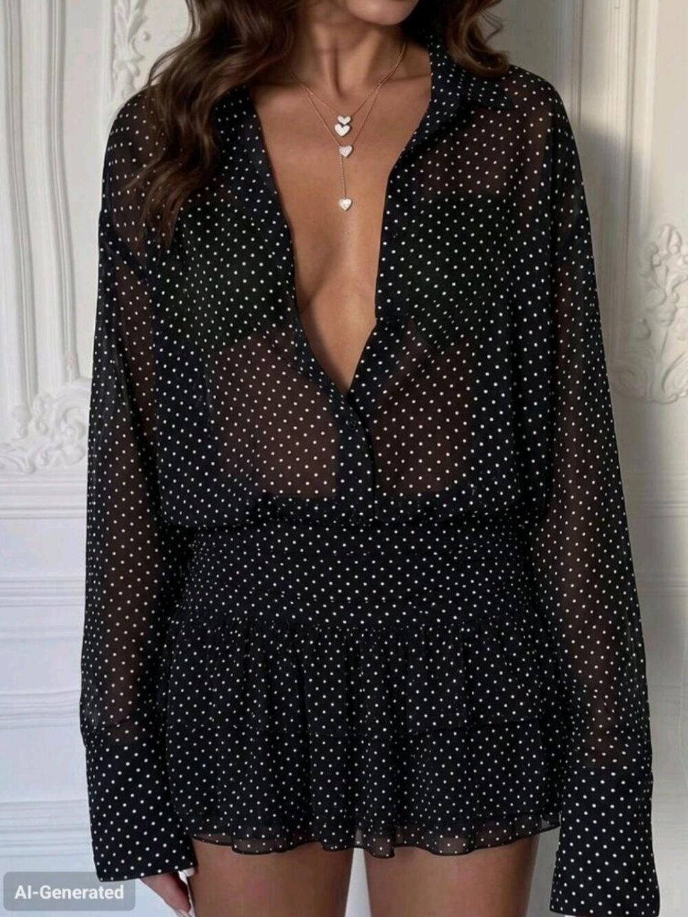 Sexy Sheer Black Polka Dot Loose Sun-Protective Shirt Waist-Cinching Ruffle Hem